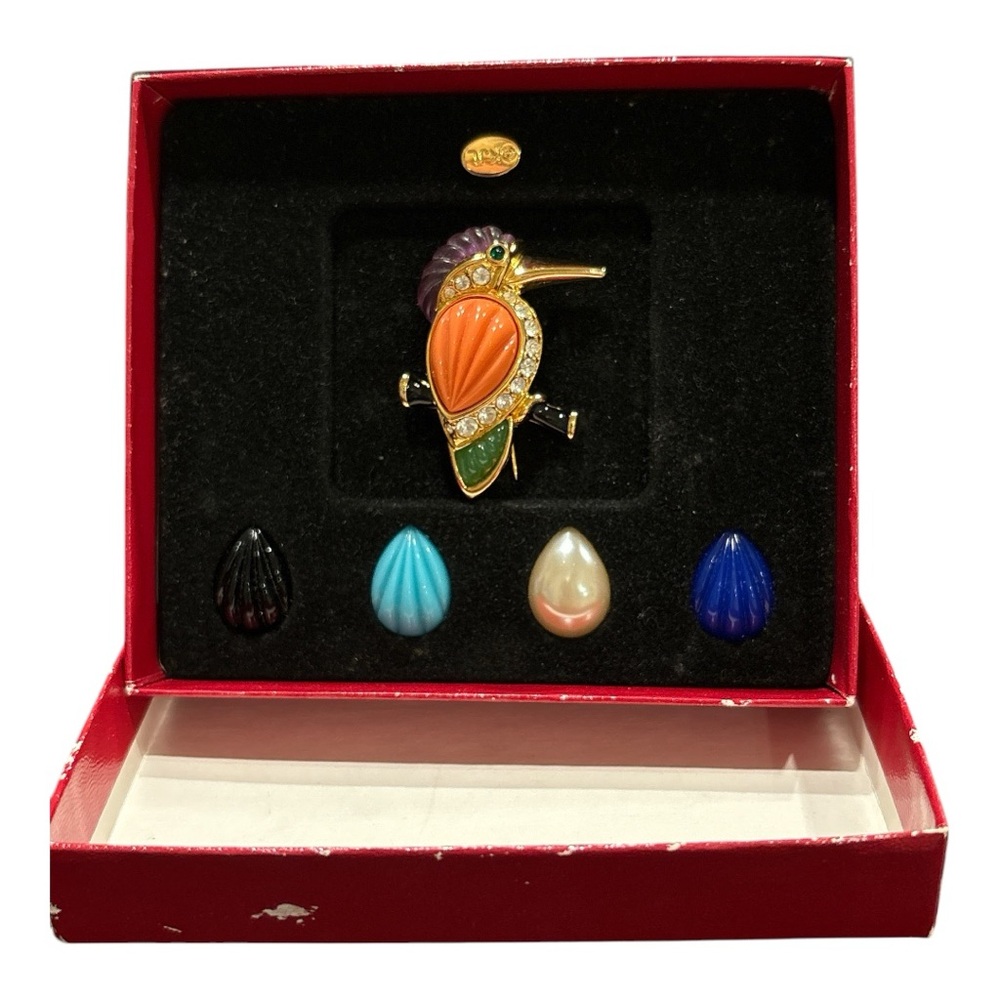 KJL Kenneth Jay Lane Vintage Kingfisher Chameleon Bird Brooch Boxed Set JB 4